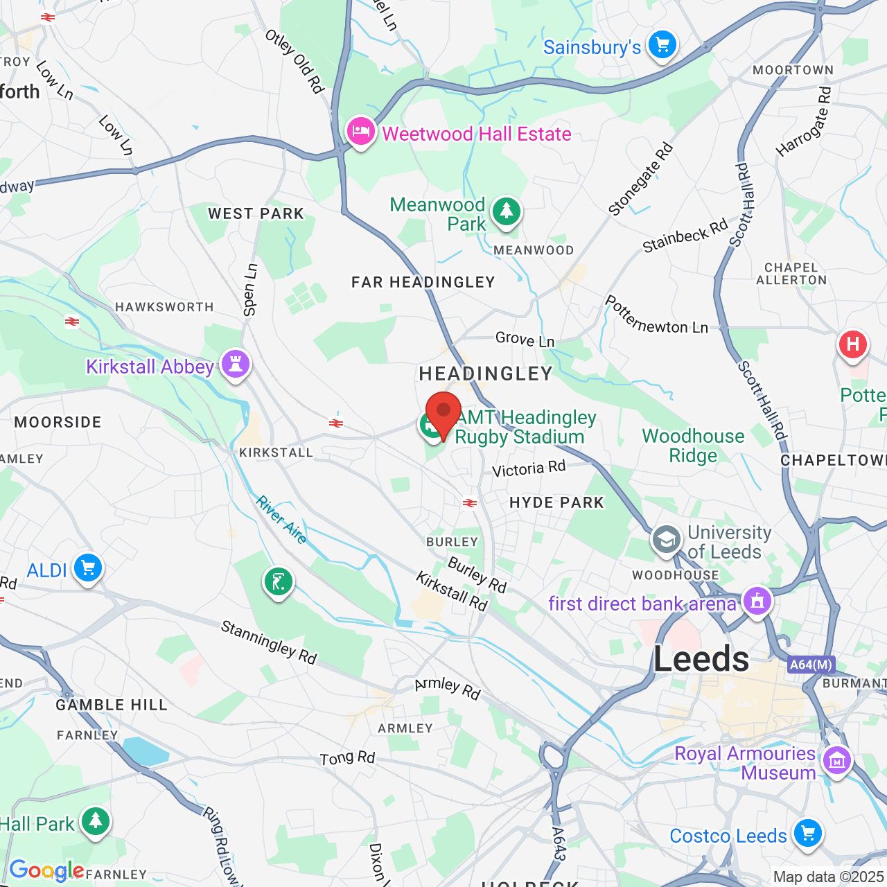 Map showing location of Headingley Stadium, United Kingdom, LS6 3BR