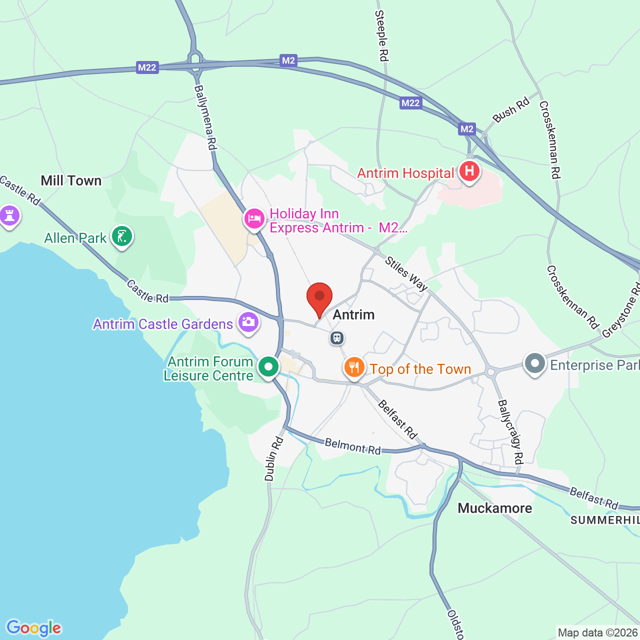 Map showing location of Steeple Road,  Antrim, United Kingdom, BT41 4AU