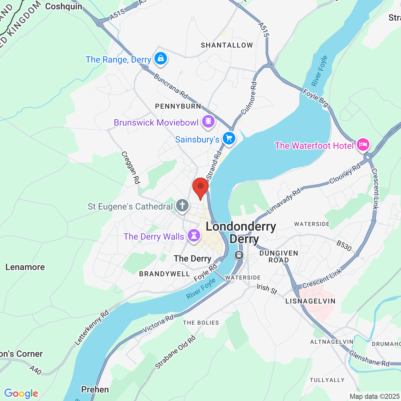 Map showing location of Londonderry, NI, United Kingdom, BT48 7AA