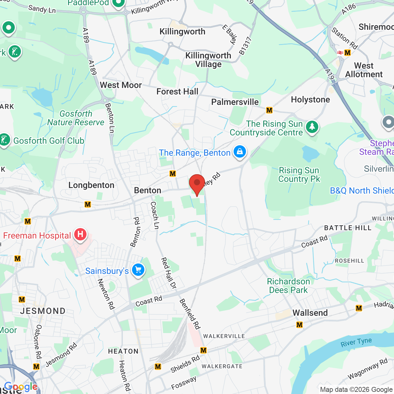 Map showing location of Newcastle United Football Club Training Ground, United Kingdom, NE12 9SF